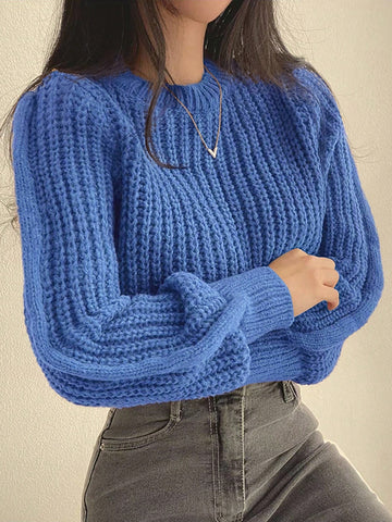 Women's Casual Solid Color Lantern Sleeve Cropped Sweater