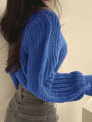 Women's Casual Solid Color Lantern Sleeve Cropped Sweater