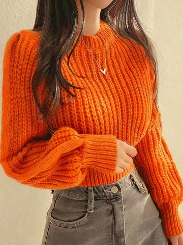 Women's Casual Solid Color Lantern Sleeve Cropped Sweater
