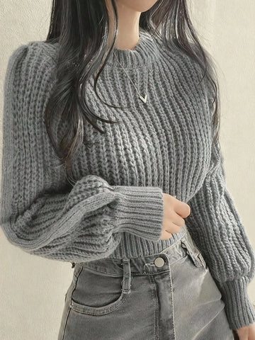 Women's Casual Solid Color Lantern Sleeve Cropped Sweater