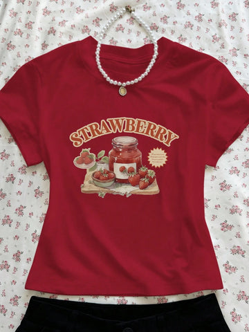 Women's Letter & Strawberry Print Round Neck Short Sleeve Casual T-Shirt
