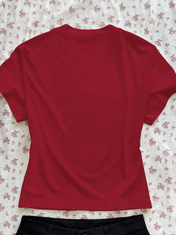 Women's Letter & Strawberry Print Round Neck Short Sleeve Casual T-Shirt