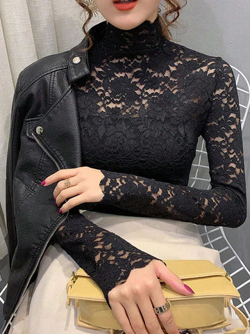Women's Stand Collar Long Sleeve Fringed Casual Sheer Blouse
