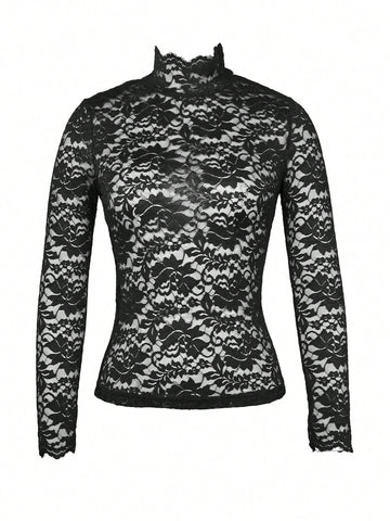 Women's Stand Collar Long Sleeve Fringed Casual Sheer Blouse