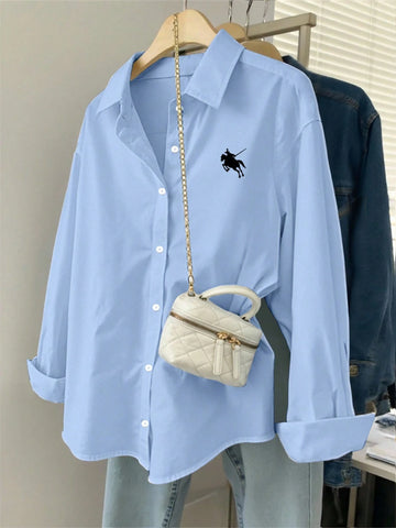 Minimalist Embroidered Decor Long Sleeve Loose Blouse