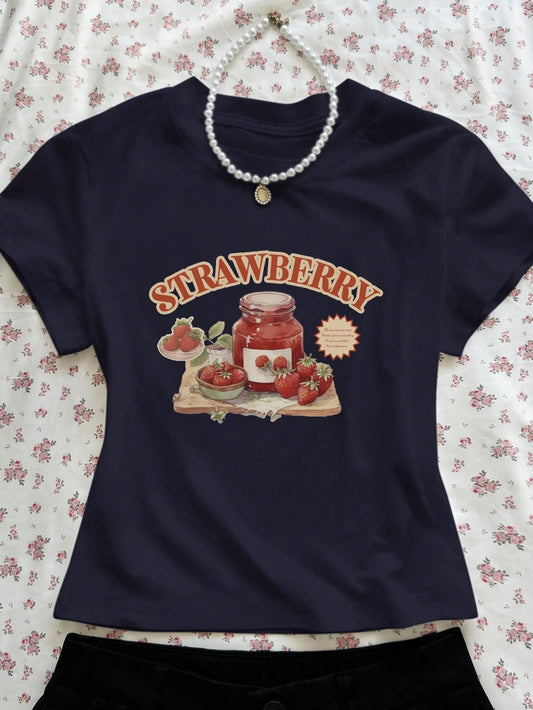 Women's Letter & Strawberry Print Round Neck Short Sleeve Casual T-Shirt