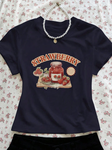 Women's Letter & Strawberry Print Round Neck Short Sleeve Casual T-Shirt