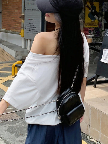 INAWLY Asymmetric Neckline Digital Print Summer Casual T-Shirt Graphic Tees