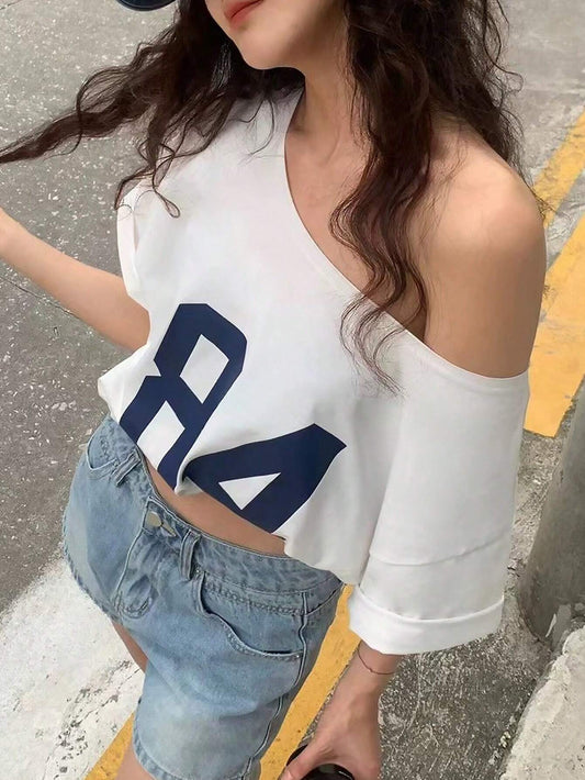 INAWLY Asymmetric Neckline Digital Print Summer Casual T-Shirt Graphic Tees