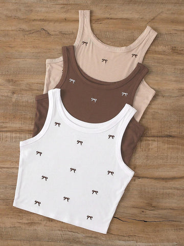 INAWLY Bow Embroidery Pattern Women Round Neck Tank Top Graphic Tees