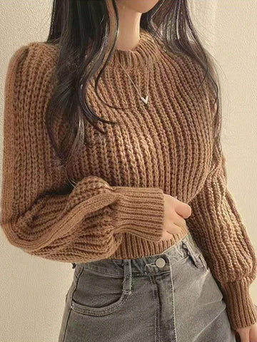 Women's Casual Solid Color Lantern Sleeve Cropped Sweater