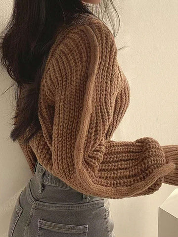 Women's Casual Solid Color Lantern Sleeve Cropped Sweater