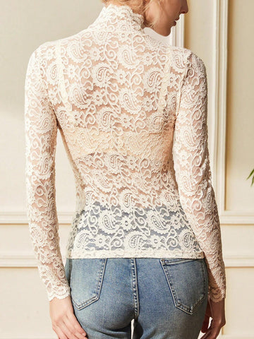 Women's Stand Collar Long Sleeve Fringed Casual Sheer Blouse