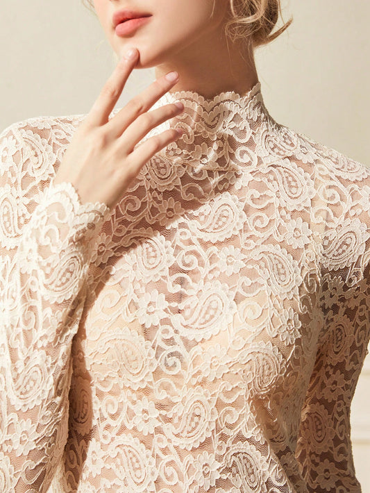 Women's Stand Collar Long Sleeve Fringed Casual Sheer Blouse