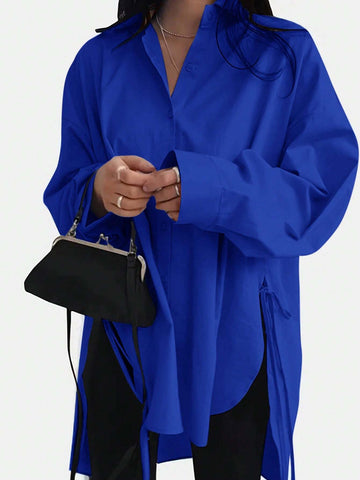 Women's Solid Color Drop Shoulder Long Sleeve Casual Loose Blouse