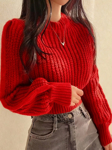 Women's Casual Solid Color Lantern Sleeve Cropped Sweater