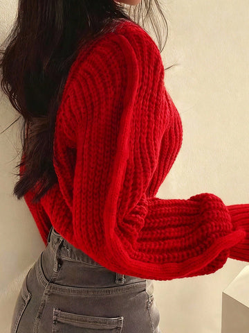 Women's Casual Solid Color Lantern Sleeve Cropped Sweater