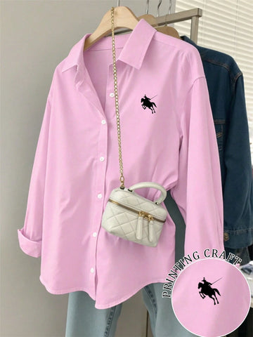 Minimalist Embroidered Decor Long Sleeve Loose Blouse
