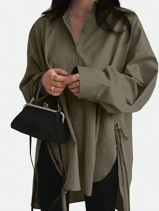 Women's Solid Color Drop Shoulder Long Sleeve Casual Loose Blouse