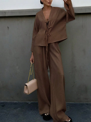 2pcs Women Casual Solid Color Long Sleeve Top And Long Pants Set