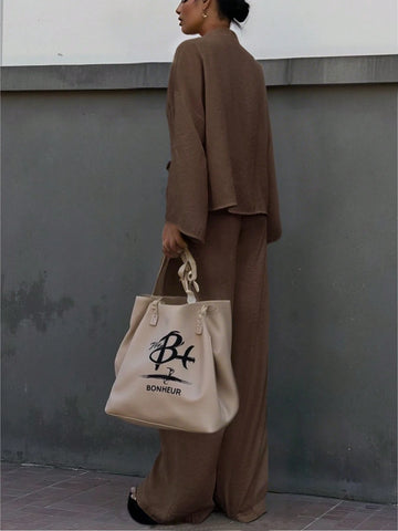 2pcs Women Casual Solid Color Long Sleeve Top And Long Pants Set