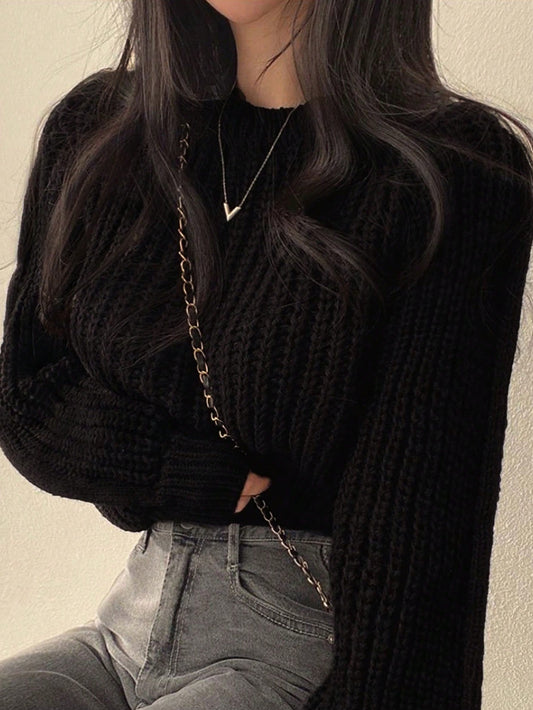 Women's Casual Solid Color Lantern Sleeve Cropped Sweater