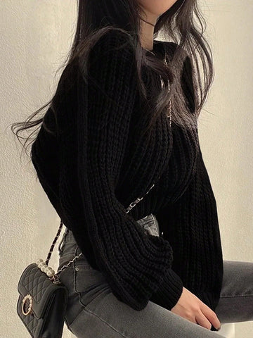 Women's Casual Solid Color Lantern Sleeve Cropped Sweater