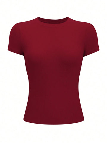 Women's Solid Olive Green Fitted Crew Neck T-Shirt