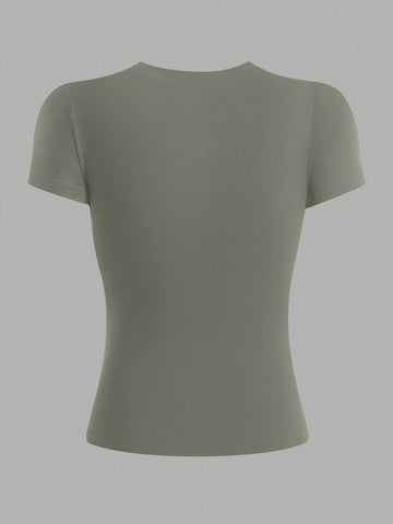 Women's Solid Olive Green Fitted Crew Neck T-Shirt