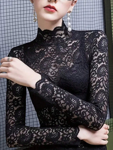 Women's Stand Collar Long Sleeve Fringed Casual Sheer Blouse