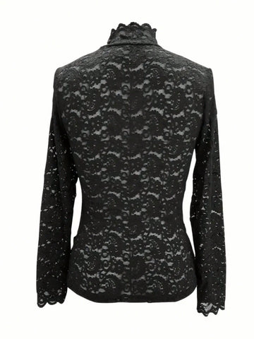 Women's Stand Collar Long Sleeve Fringed Casual Sheer Blouse