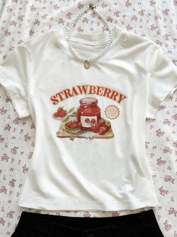 Women's Letter & Strawberry Print Round Neck Short Sleeve Casual T-Shirt