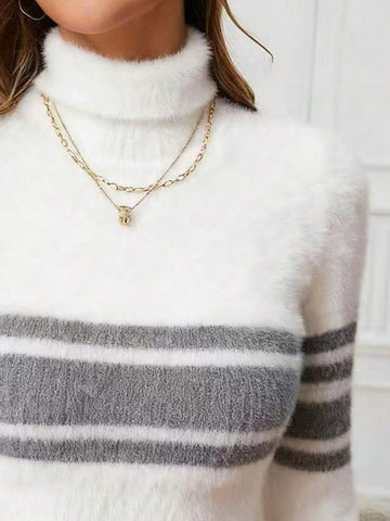 Women's Striped Turtleneck Long Sleeve Cropped Sweater