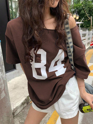INAWLY Asymmetric Neckline Digital Print Summer Casual T-Shirt Graphic Tees