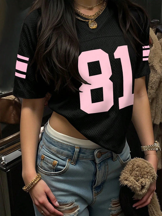 V-Neck Short Sleeve T-Shirt With Number Print & Mesh Design