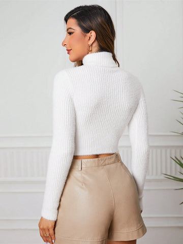 Women's Striped Turtleneck Long Sleeve Cropped Sweater