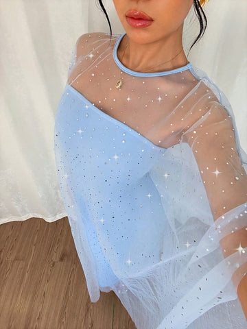 Airlisse 2pcs Elegant Party Rhinestone Decorated Sheer Mesh Shawl Shrug Set