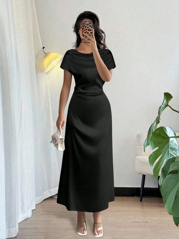 Women Elegant Date/Office Wear High Collar Tie Front Short Sleeve Satin Dress