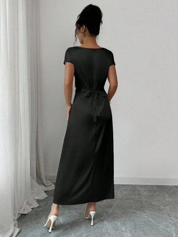 Women Elegant Date/Office Wear High Collar Tie Front Short Sleeve Satin Dress