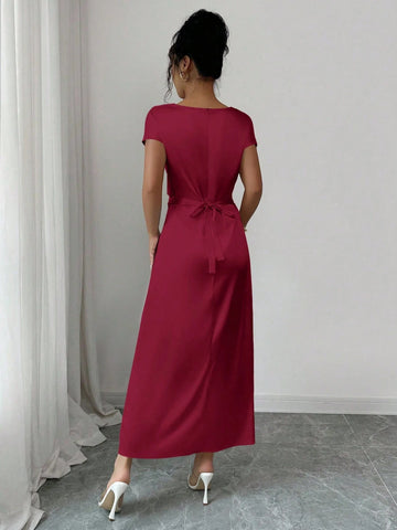 Women Elegant Date/Office Wear High Collar Tie Front Short Sleeve Satin Dress