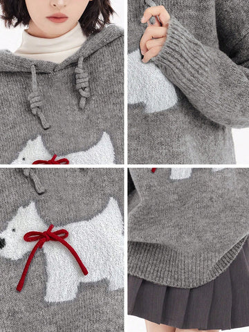 Embroidery Knit Hoodie Loose Casual Long Sleeve Sweater