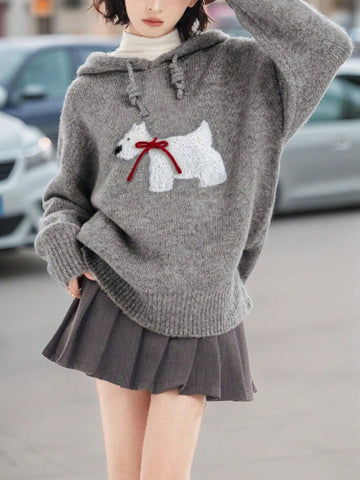 Embroidery Knit Hoodie Loose Casual Long Sleeve Sweater