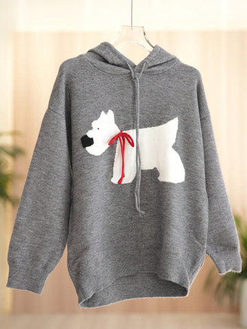 Embroidery Knit Hoodie Loose Casual Long Sleeve Sweater