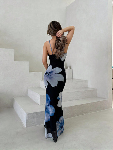 Women's Floral Printed Slim Fit Low-Cut Draped Neck Cami Dress
