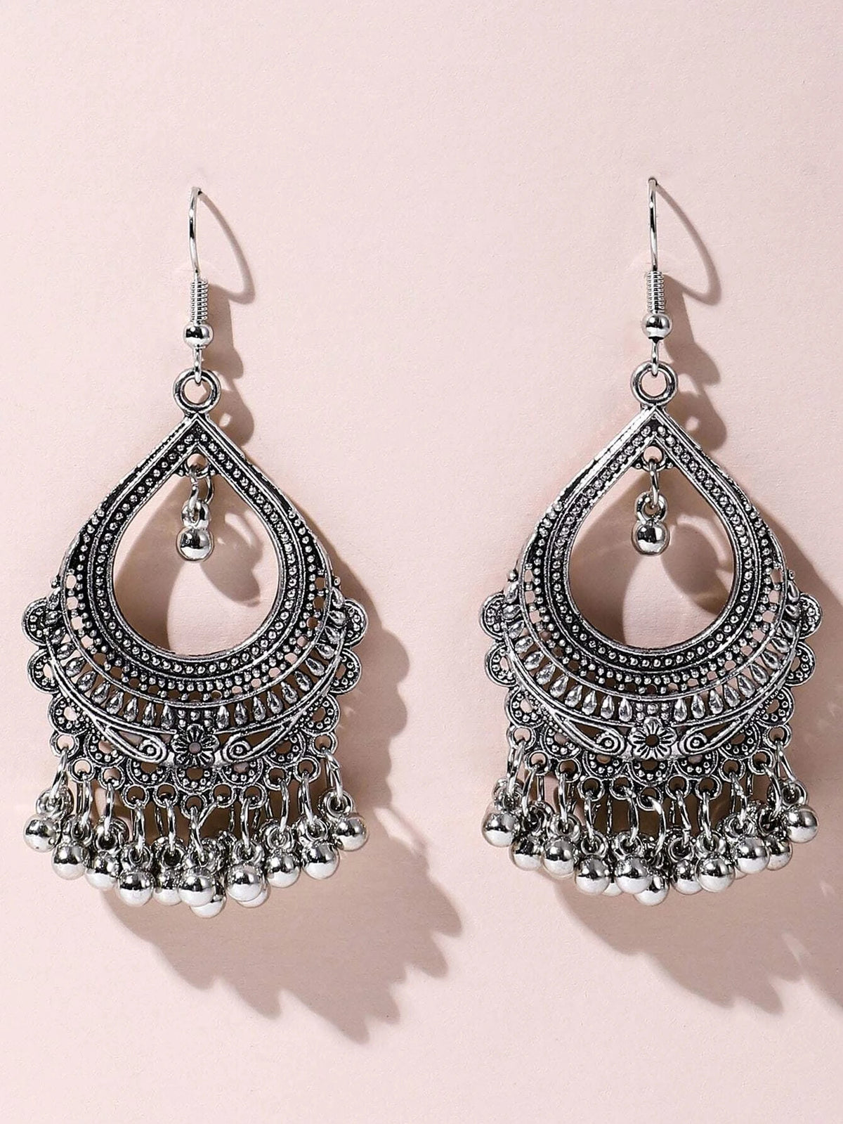 Jhumka Hollow Out Round Decor Bead Tassel Drop Earrings