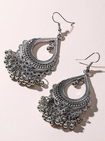 Jhumka Hollow Out Round Decor Bead Tassel Drop Earrings