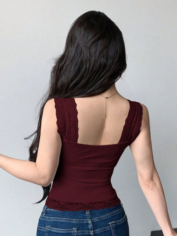 Lace Trim Lace-Up Fitted Sleeveless Tank Top