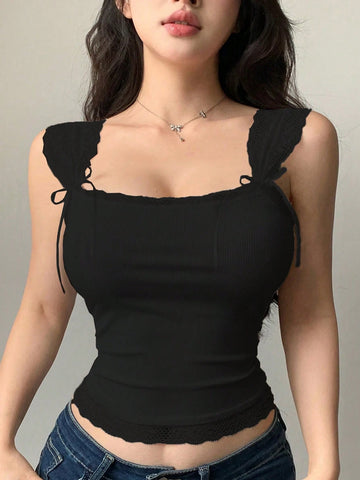 Lace Trim Lace-Up Fitted Sleeveless Tank Top