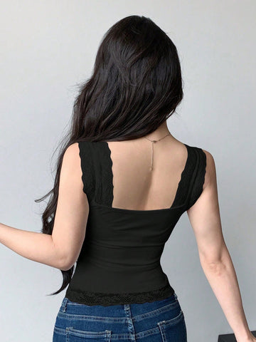 Lace Trim Lace-Up Fitted Sleeveless Tank Top