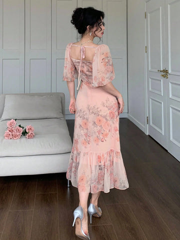 Ditsy Floral Chiffon Square Neck Ruffle Hem Mermaid Dress